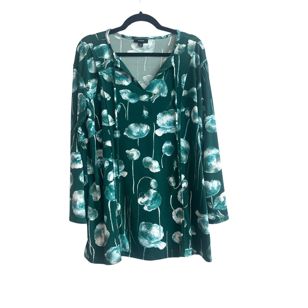 Alfani Green with White Floral Pattern V-neck Blouse with Tie Strings